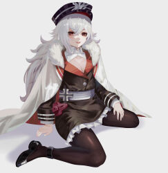 1girl absurdres azur_lane belt black_pantyhose black_shoes breasts cape cleavage cross fur-trimmed_cape fur_trim graf_zeppelin_(azur_lane) hair_between_eyes hat highres iron_cross large_breasts long_hair long_sleeves looking_at_viewer military_uniform open_mouth pantyhose peaked_cap red_eyes shoes solo very_long_hair white_cape white_hair yu_ruo
