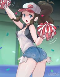 Rule 34 | 1girl, :o, absurdres, arm up, artsheops, ass, baseball cap, black vest, blue eyes, breasts, brown hair, cheerleader, denim, denim shorts, from behind, hat, high ponytail, highres, hilda (pokemon), looking back, nintendo, open mouth, pokemon, pokemon bw, pom pom (cheerleading), ponytail, short shorts, shorts, small breasts, solo, tank top, thighs, vest, white tank top