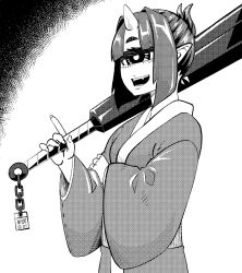 :d chain club club_(weapon) cyclops greyscale horns japanese_clothes kanabou kimono monochrome one-eyed oni open_mouth over_shoulder parted_bangs pointy_ears setsubun smile standing weapon weapon_over_shoulder wide_sleeves yakochu