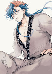 1boy absurdres black_nails blue_hair face_piercing freckles gokuraku_(madan_no_ichi) grey_eyes hand_on_own_leg highres lip_piercing long_hair looking_at_viewer madan_no_ichi male_focus multicolored_hair orange_hair pectorals piercing shirumeika sitting sketch solo two-tone_hair white_background