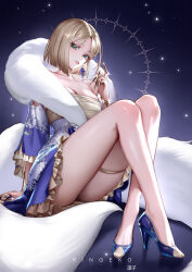 1girl absurdres artist_name blonde_hair blue_eyes breasts claw_(weapon) commentary commission dress earrings hand_up high_heels highres jewelry knees_up looking_at_viewer original ringeko-chan short_hair sitting solo thigh_strap thighs weapon