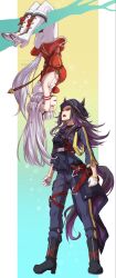 Rule 34 | 2girls, animal ears, ass, boots, border, commentary request, fenomeno (umamusume), gloves, gold ship (umamusume), gradient background, highres, horse ears, horse girl, horse tail, long hair, long sleeves, looking at another, multiple girls, purple hair, tail, umamusume, upside-down, white border, white gloves, yue (lov n n)