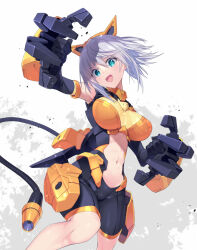 1girl 30_minutes_sisters alternate_breast_size animal_ears black_gloves blue_eyes bodysuit breasts cable cable_tail clothing_cutout elbow_gloves fake_animal_ears gloves grey_hair highres kuro_work large_breasts looking_at_viewer mecha_musume mechanical_ears mechanical_tail medium_breasts navel navel_cutout open_mouth rishetta_(30ms) short_hair smile solo stomach_cutout tail virtual_youtuber