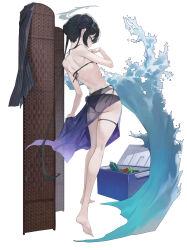 1girl absurdres ass back bare_shoulders barefoot bikini black_bikini black_hair blue_archive blush breasts butterfly_hair_ornament double_bun full_body grey_eyes hair_bun hair_ornament halo highres kisaki_(blue_archive) long_hair looking_at_viewer looking_back sarong sb_lama small_breasts solo swimsuit twintails