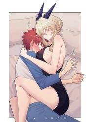 1boy 1girl artist_name artoria_pendragon_(fate) artoria_pendragon_(lancer_alter)_(fate) bed bed_sheet between_breasts blonde_hair blush breasts cuddling emiya_shirou fate/grand_order fate/stay_night fate_(series) hetero highres hug large_breasts on_bed red_hair signature suhyeon