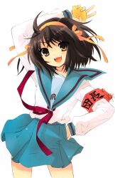 1girl absurdres arm_up armband belt belt_buckle blue_belt blue_sailor_collar blue_skirt brown_hair buckle cowboy_shot food fruit hair_ribbon hairband hand_on_own_hip highres holding holding_food holding_fruit ito_noizi kita_high_school_uniform lemon long_sleeves looking_at_viewer medium_hair official_art open_mouth red_armband ribbon sailor_collar school_uniform serafuku simple_background skirt smile solo standing suzumiya_haruhi suzumiya_haruhi_no_yuuutsu teeth upper_teeth_only white_background winter_uniform yellow_hairband yellow_ribbon