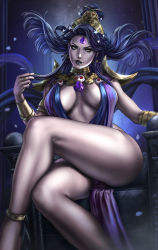 1girl anklet artist_name black_lips black_nails breasts cleavage crossed_legs crown dandon_fuga diadem dress hades_(series) hades_1 hair_ornament hairclip highres indoors jewelry large_breasts lips lipstick long_hair makeup nail_polish necklace nyx_(hades) purple_hair realistic sitting solo thick_thighs thighs throne yellow_eyes