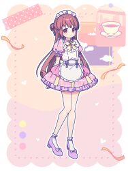 Rule 34 | 1girl, absurdres, apron, commentary request, cup, dress, full body, highres, long hair, magia record: mahou shoujo madoka magica gaiden, mahou shoujo madoka magica, maid headdress, mary janes, plate, red eyes, red hair, ruru (rurumagi), satomi touka, shoes, solo, teacup, white apron