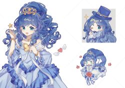 1girl ankh_222aaa aqua_eyes bare_shoulders bead_bracelet beads blue_bow blue_coat blue_dress blue_hair blue_hat blue_sleeves bouquet bow bowtie bracelet bride butterfly_brooch buttons chibi chinese_commentary coat collarbone collared_coat commentary_request commission cowboy_shot detached_sleeves dress drill_hair eyelashes flower frilled_sleeves frills fushigiboshi_no_futago_hime fushigiboshi_no_futago_hime_gyu gold_choker gold_tiara gown hair_beads hair_ornament happy hat high_collar high_ponytail highres holding holding_bouquet jewelry juliet_sleeves light_blush long_dress long_hair long_sleeves low-tied_long_hair magical_girl multiple_views object_floating_above_hand off-shoulder_dress off_shoulder one_eye_closed open_mouth ponytail princess puffy_short_sleeves puffy_sleeves red_flower red_rose rein_(futagohime) rein_(grand_universal_princess)_(futagohime) rose short_sleeves sidelocks simple_background smile standing star_(symbol) top_hat watermark watermark_grid wavy_hair wedding_dress white_background white_bow white_bowtie white_dress white_sleeve_cuffs white_sleeves wide_sleeves winged_heart
