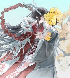 2boys :o black_hair bochishiraita closed_eyes dragon_horns e.g.o_(project_moon) facing_another gradient_background hanbok highres holding_hands hong_lu_(project_moon) horns korean_clothes limbus_company long_hair male_focus multiple_boys noses_touching project_moon short_hair smile spicebush_(e.g.o) tears_of_the_tarnished_blood_(e.g.o) technology_liberation_alliance_(identity)_(project_moon) very_long_hair yaoi yi_sang_(project_moon)
