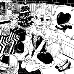 1girl adapted_costume animal_ear_fluff animal_ears antique_phone asymmetrical_hair blonde_hair blush bookshelf breasts bright_pupils champagne_bottle character_doll christmas christmas_ornaments christmas_present christmas_tree cleavage closed_mouth commentary_request cookie_(touhou) couch doll dress fang fang_out fire fireplace fox_ears fox_girl fox_tail full_body fur-trimmed_dress fur-trimmed_gloves fur_trim gift gloves greyscale hair_between_eyes hair_ornament hakurei_reimu heart heart-shaped_pupils high_heels highres indoors looking_at_viewer medium_breasts medium_hair miramikaru_riran monochrome nazrin nyon_(cookie) phone psychic_parrot rotary_phone sakenomi_(cookie) seiza sitting smile snow_globe solo split_mouth strapless strapless_dress symbol-shaped_pupils tail touhou
