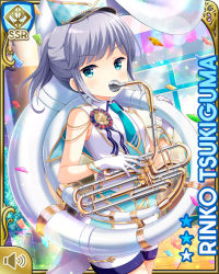 Rule 34 | 1girl, :o, bare arms, bare legs, bench, blue eyes, blue necktie, blue vest, boots, breasts, card (medium), day, girlfriend (kari), instrument, medium hair, music, necktie, official art, open mouth, outdoors, playing instrument, qp:flapper, shirt, silver hair, small breasts, solo, standing, tagme, tsukiguma rinko, tuba, vest, white boots, white headwear, white shirt, wooden bench