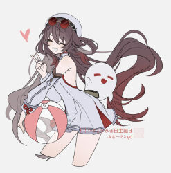 1girl ball bare_shoulders beachball boo_tao_(genshin_impact) brown_hair chinese_clothes commentary detached_sleeves eyewear_on_head flower-shaped_pupils genshin_impact ghost hair_between_eyes hat heart highres hu_tao_(cherries_snow-laden)_(genshin_impact) hu_tao_(genshin_impact) long_hair long_sleeves merry-san official_alternate_costume red-tinted_eyewear red_eyes round_eyewear smile sunglasses symbol-shaped_pupils tinted_eyewear twintails v white_background white_hat