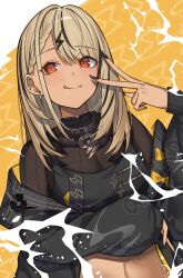 :p black_hair black_jacket black_nails black_shirt blonde_hair blush bow braid chain chain_necklace cropped_shirt dark-skinned_female dark_skin dutch_angle earrings fang hair_ornament highres jacket jewelry kaminari_qpi kaminari_qpi_(5th_costume) lightning_background lightning_bolt lightning_bolt_earrings lightning_bolt_hair_ornament lightning_bolt_symbol long_hair midriff multicolored_hair multicolored_jacket necklace off_shoulder orange_eyes piercing ringozeri see-through_cleavage see-through_clothes shirt sleeves_past_wrists streaked_hair tongue tongue_out upper_body v_over_face virtual_youtuber vspo! yellow_bow yellow_jacket zipper zipper_pull_tab