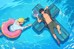 2boys arm_behind_head ball black_eyes black_hair black_shirt black_shorts blonde_hair cigarette cross full_body hawaiian_shirt highres holding holding_ball innertube knee_up large_cross male_focus mouth_hold multiple_boys nicholas_d._wolfwood open_clothes open_mouth open_shirt prosthesis prosthetic_arm scar scar_on_arm shirt short_hair short_sleeves shorts smile smoking sunglasses swim_ring trigun trigun_stampede undercut vash_the_stampede wakrtk water white_shirt