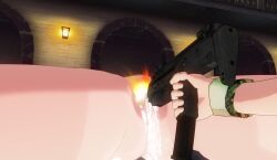 ahegao bad_tag blonde_hair body_markings breasts defeated_villainess exhibitionism groin_attack incoming_attack large_breasts object_insertion original public_indecency ruined_pussy ryona sagging_breasts shot vaginal vaginal_object_insertion vaginal_peneration weapon