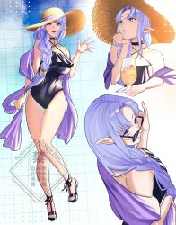 Rule 34 | 1girl, absurdres, black one-piece swimsuit, braid, breasts, commentary request, fate/stay night, fate (series), hat, highres, hiyayaako, low twintails, medea (fate), medium breasts, one-piece swimsuit, purple eyes, purple lips, purple shawl, shawl, single braid, straw hat, swimsuit, twintails