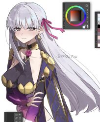 armor art_program_in_frame bikini_armor blush breasts collar collarbone detached_sleeves dress earrings fate/grand_order fate_(series) hair_ribbon hand_on_own_arm highres jewelry kama_(fate) kama_(second_ascension)_(fate) large_breasts long_hair purple_dress red_eyes ribbon simple_background tokoni_fusu twitter_username white_background white_hair