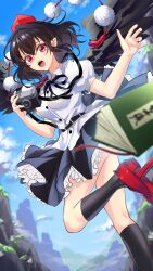 Rule 34 | 1girl, black feathers, black hair, black skirt, black wings, blurry, blurry foreground, breasts, camera, feathered wings, feathers, from behind, hat, highres, holding, holding camera, looking at viewer, medium breasts, momohana 3939, mountain, outdoors, pointy ears, red eyes, red hat, shameimaru aya, short hair, skirt, solo, tears, touhou, wings