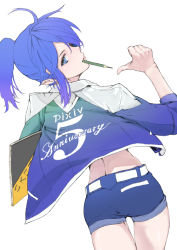 1girl belt blue_eyes blue_hair female_focus from_behind holding lips looking_back matching_hair/eyes mouth_hold original pencil pixiv pixiv-tan pointing ponytail short_hair shorts simple_background sketchbook solo white_background yamaishi_(mukoubuti)