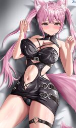1girl absurdres animal_ears antenna_hair armanditto bare_shoulders bed_sheet belt black_belt black_dress black_panties black_ribbon blue_eyes blush braid breasts cleavage closed_mouth collarbone commentary dress english_commentary fang fingernails hair_ribbon hakui_koyori hakui_koyori_(dark_maid) heart heart_o-ring highres hololive large_breasts long_hair looking_at_viewer lying nail_polish navel o-ring o-ring_thigh_strap on_back panties pink_hair pink_nails ribbon signature skin_fang smile solo stomach tail thigh_strap thighs twintails underwear virtual_youtuber wolf_ears wolf_girl wolf_tail