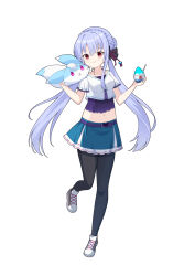1girl absurdres animal animal_on_shoulder aqua_skirt black_bow black_pantyhose blue_hair blush bow braid breasts butterfly_ornament closed_mouth collarbone commentary_request cross-laced_shoes crown_braid food hair_between_eyes hair_bow hair_bun hair_ribbon happy highres holding holding_food inari_(summer_pockets) kk0220 long_hair looking_at_viewer medium_breasts midriff miniskirt navel pantyhose red_eyes red_ribbon ribbon shaved_ice shirt shoes short_sleeves sidelocks simple_background single_hair_bun skirt smile sneakers solo sorakado_ao standing standing_on_one_leg straight_hair summer_pockets very_long_hair w_arms white_background white_shirt white_shoes