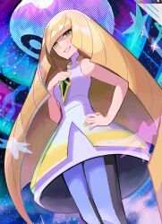 1girl absurdres bare_shoulders black_leggings blonde_hair breasts diamond_(shape) dress gem green_eyes green_gemstone hair_over_one_eye highres leggings long_hair looking_at_viewer lusamine_(pokemon) mature_female medium_breasts nintendo open_mouth pokemon pokemon_sm sleeveless sleeveless_dress smile solo spyg teeth two-tone_leggings two-tone_legwear very_long_hair white_dress white_leggings