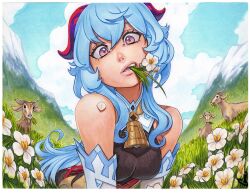 1girl bell black_eyes blue_hair bodystocking breasts commentary cowbell english_commentary flower flower_in_mouth ganyu_(genshin_impact) genshin_impact goat hair_between_eyes head_tilt horns leaning_forward long_hair looking_at_viewer medium_breasts omar_dogan petals purple_eyes qingxin_flower solo traditional_media very_long_hair white_flower