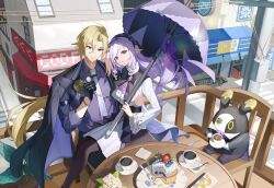 1boy 1girl ascot bangboo_(zenless_zone_zero) black_gloves black_jacket black_pantyhose blonde_hair bow bowtie center_frills coin cup day frills gem gloves gold_ring gradient_necktie hairband heterochromia highres holding holding_coin holding_cup holding_umbrella hugo_vlad jacket kama_(kama_ovo) lapel_pin long_hair mole mole_under_eye necktie outdoors pantyhose patterned_legwear pointy_ears purple_ascot purple_bow purple_bowtie purple_gemstone purple_hair purple_hairband purple_necktie purple_shirt purple_umbrella red_eyes shirt shrug_(clothing) sideboob_cutout sitting sitting_on_lap sitting_on_person smile umbrella vivian_banshee white_shrug zenless_zone_zero
