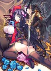 1boy 1girl ankle_cuffs ass between_buttocks black_hair black_thighhighs blue_eyes breasts burgund_haneiyuutan character_request cheninblanc_(burgund_haneiyuutan) coffee_cat corset covered_erect_nipples dragon hair_ribbon large_breasts long_hair miniskirt official_art open_mouth ribbon skirt solo_focus sophie_(burgund_haneiyuutan) sword thighhighs tree weapon