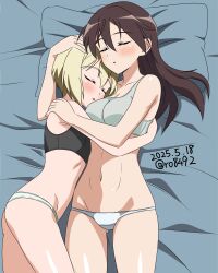 2girls ass bed black_sports_bra blonde_hair blush breasts brown_hair cleavage closed_eyes collarbone cuddling dated erica_hartmann gertrud_barkhorn highres hug large_breasts long_hair multiple_girls navel on_bed open_mouth panties ryohei-0617 short_hair signature sleeping sports_bra strike_witches underwear white_panties white_sports_bra world_witches_series yuri