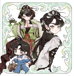 Rule 34 | 1girl, aged down, beret, black dress, black hair, black hat, blue pants, border, chibi, chibi inset, chin strap, chinese clothes, chinese track school uniform, closed eyes, dress, facing viewer, from side, gimnamaek, green border, green hanfu, hanfu, hat, highres, jacket, liang yue (reverse:1999), long hair, looking at viewer, low twintails, mark under both eyes, mask, mask on head, monster, multiple views, ornate border, palm-fist greeting, pants, qiangliang (reverse:1999), red skirt, reverse:1999, school uniform, side cape, skirt, smile, track jacket, track suit, twintails, upper body, walking, yellow eyes