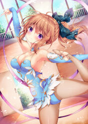 1girl blue_leotard breasts brown_hair brown_pantyhose cleavage gym gymnastics leotard nogi_takayoshi pantyhose rhythmic_gymnastics