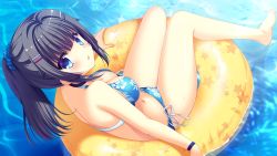 1girl bikini black_hair blue_bikini blue_eyes blue_scrunchie bracelet character_request copyright_request day female_focus floral_print fujimiya_rinne game_cg hair_ornament hair_scrunchie highres innertube jewelry lens_flare long_hair looking_at_viewer open_mouth outdoors panties ponytail scrunchie side-tie_panties sitting solo swim_ring swimsuit tanihara_natsuki tenpure!! underwear water