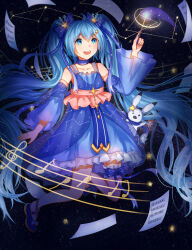 Rule 34 | 1girl, :d, absurdres, arm up, beamed eighth notes, blue dress, blue eyes, blue hair, blue shoes, bow, commentary, constellation, constellation print, detached sleeves, dress, eighth note, floating, frilled dress, frills, full body, hair between eyes, hair ornament, hair ribbon, hairclip, hatsune miku, highres, holding, long hair, musical note, musical note print, musical staff, open mouth, plipa, quarter note, rabbit yukine, ribbon, sheet music, shoes, sky, smile, snowflake hair ornament, solo, sparkle, star (sky), star (symbol), star hair ornament, starry sky, starry sky background, starry sky print, striped ribbon, treble clef, twintails, very long hair, vocaloid, wand, yuki miku, yuki miku (2017)