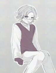 1boy aged_down aotsuki_eito glasses gloves greyscale highres invisible_chair long_sleeves looking_at_viewer male_focus monochrome pants shirt short_hair simple_background sitting sketch solo sweat sweater_vest takonaka the_hundred_line_-last_defense_academy-