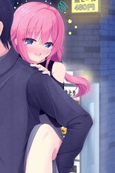 1boy 1girl 2025 absurdres black_hair blue_eyes blush carrying commentary_request dated_commentary drooling drunk empty_eyes eyes_visible_through_hair hair_between_eyes hamidashi_creative hand_on_another&#039;s_shoulder highres long_hair long_sleeves looking_to_the_side low_twintails mouth_drool night nose_blush open_mouth outdoors piggyback pink_hair raised_eyebrows reiji_tsukimi short_hair single_bare_shoulder smile solo_focus squiggle tokiwa_kano twintails