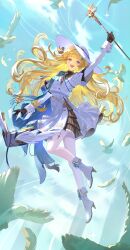 1girl :d absurdres black_bow black_collar black_gloves blonde_hair blue_eyes blue_gemstone blue_sash book boots bow breasts collar commentary full_body gem gloves hair_bow hair_ornament hair_spread_out hat high-waist_skirt highres holding holding_staff long_hair long_sleeves looking_at_viewer medium_breasts open_book open_mouth outdoors pantyhose phoebe_(wuthering_waves) salman_(salman_dw) sash shirt skirt smile solo staff striped_bow tacet_mark_(wuthering_waves) very_long_hair white_boots white_hat white_pantyhose white_shirt white_skirt wuthering_waves x_hair_ornament