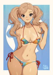 1girl absurdres areola_slip arm_behind_back armpit_crease bikini blonde_hair blue_bikini blue_eyes border breasts cameltoe closed_mouth collarbone cowboy_shot earrings floral_print_bikini gluteal_fold hand_up highres jewelry long_hair medium_breasts navel persona persona_5 side-tie_bikini_bottom smile solo stomach stud_earrings swimsuit takamaki_anne thatpersonaguy thigh_gap twintails wavy_hair white_border