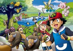 1boy 1girl :d antennae arm_up artist_request ash_ketchum baseball_cap bike_shorts_under_skirt black_gloves black_hair black_shirt black_shorts blue_eyes blue_sky blue_vest chansey closed_mouth cloud day doduo dragonair dratini dust egg exeggcute eyelashes fangs fingerless_gloves flying gen_1_pokemon gloves grass hat holding holding_poke_ball horns in_tree insect_wings kangaskhan may_(pokemon) multiple_heads multiple_tails nintendo nostrils official_art open_mouth outdoors pikachu pinsir poke_ball pokemon pokemon_(anime) pokemon_(creature) pokemon_rse_(anime) poliwag red_hat red_shirt safari_ball safari_zone scyther shirt short_hair short_sleeves shorts single_horn skirt sky smile tail tauros third-party_source tree v venomoth venonat vest water white_skirt wings