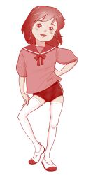 1girl ai_shoujo_pollyanna_monogatari blush braid buruma contrapposto freckles full_body highres loli mary_janes monochrome open_mouth pollyanna_whittier red_theme riarutoruchokku sailor_collar shirt shoes side_braids simple_background solo thighhighs webp-to-png_conversion white_background white_thighhighs world_masterpiece_theater