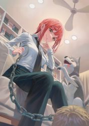 1other absurdres bag black_necktie blonde_hair bookbag bookshelf breasts can_lights ceiling_fan chain chainsaw_man collared_shirt dog femdom finger_to_mouth from_below green_pants highres husky looking_down makima_(chainsaw_man) medium_breasts necktie orange_hair pants pinky_to_mouth ponytail ranari ringed_eyes shirt sidelocks sitting teeth tongue tongue_out white_shirt yellow_eyes