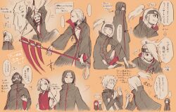 Rule 34 | 2girls, 6+boys, akatsuki uniform, closed mouth, deidara (naruto), forehead protector, haruno sakura, hidan (naruto), holding, holding scythe, holding weapon, husband and wife, kakuzu (naruto), mask, mouth mask, multiple boys, multiple girls, namikaze minato, naruto (series), naruto shippuuden, ninja, ninja mask, orange background, red hair, red shirt, scythe, sharingan, shirt, short hair, simple background, sleeveless, sleeveless shirt, spiked hair, uchiha itachi, uzumaki kushina, uzumaki naruto, weapon, yosakuh