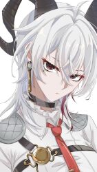 1girl ahoge bags_under_eyes black_choker black_eyes black_horns breasts chest_harness choker collared_shirt commentary curled_horns earrings hair_between_eyes harness hashtag-only_commentary highres horns jewelry kar1n3200 key_earrings large_breasts long_hair looking_at_viewer mole mole_under_eye multicolored_eyes multicolored_hair necktie portrait red_eyes red_necktie shirt simple_background solo streaked_hair two-tone_eyes white_background white_shirt wuthering_waves zani_(wuthering_waves)