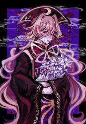 1girl black_border black_dress black_hat blonde_hair blood border bouquet chinese_clothes closed_mouth cloud commentary_request cowboy_shot crescent crescent_print crossed_bangs dalachi_(headdress) dress flower hair_between_eyes hat highres holding holding_bouquet junko_(touhou) lily_(flower) long_hair long_sleeves looking_down mandarin_collar mayw_37 neck_ribbon outside_border phoenix_print pom_pom_(clothes) purple_background red_eyes red_lips red_tabard ribbon simple_background smile solo standing tabard tassel touhou wavy_hair white_flower wide_sleeves yellow_ribbon