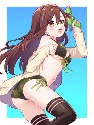 1girl ass bikini blush braid braided_hair_rings breasts brown_eyes brown_hair cardigan commentary_request earrings from_side gakkou_gurashi! hair_rings highres holding holding_water_gun jewelry long_hair long_sleeves looking_at_viewer looking_back ma_tsukasa medium_breasts off_shoulder open_mouth side-tie_bikini_bottom single_hair_ring smile solo swimsuit thighhighs underboob very_long_hair wakasa_yuuri water_gun