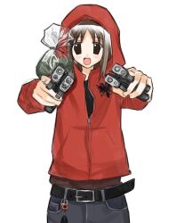 1girl aiming aiming_at_viewer albanian_flag azumanga_daiou bag belt black_belt black_pants brown_eyes brown_hair brown_shirt cowboy_shot dual_wielding enjefl gun handgun holding holding_gun holding_weapon jacket kasuga_ayumu marijuana open_mouth pants red_jacket shirt simple_background smile solo weapon white_background