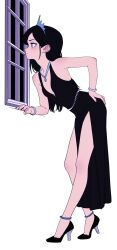 1girl bare_shoulders black_dress black_hair blue_eyes breasts dress full_body high_heels highres jewelry kingrun leaning_forward long_hair necklace original small_breasts solo tiara window