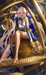 1girl barefoot blush breasts commentary dark-skinned_female dark_skin dress highres hololive hololive_english kito_koruta large_breasts long_hair open_mouth sitting solo space tsukumo_sana twintails virtual_youtuber white_dress yellow_eyes