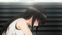 10s 1boy 1girl angry animated animated_gif bag bare_shoulders black_hair blouse blush breathing brown_eyes brown_hair handbag heavy_breathing kotegawa_yui legs long_hair miniskirt panties heavy_breathing sandals screencap shirt shouting skirt sleeveless sweat thighs to_love-ru to_love-ru_darkness_2nd trembling trembling_legs underwear yuuki_rito